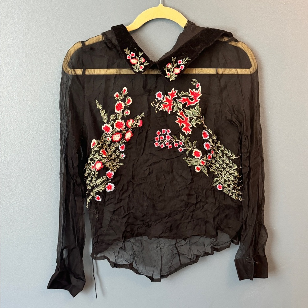 TOPSHOP Black Sheer Blouse with Embroidery & Velvet Collar
